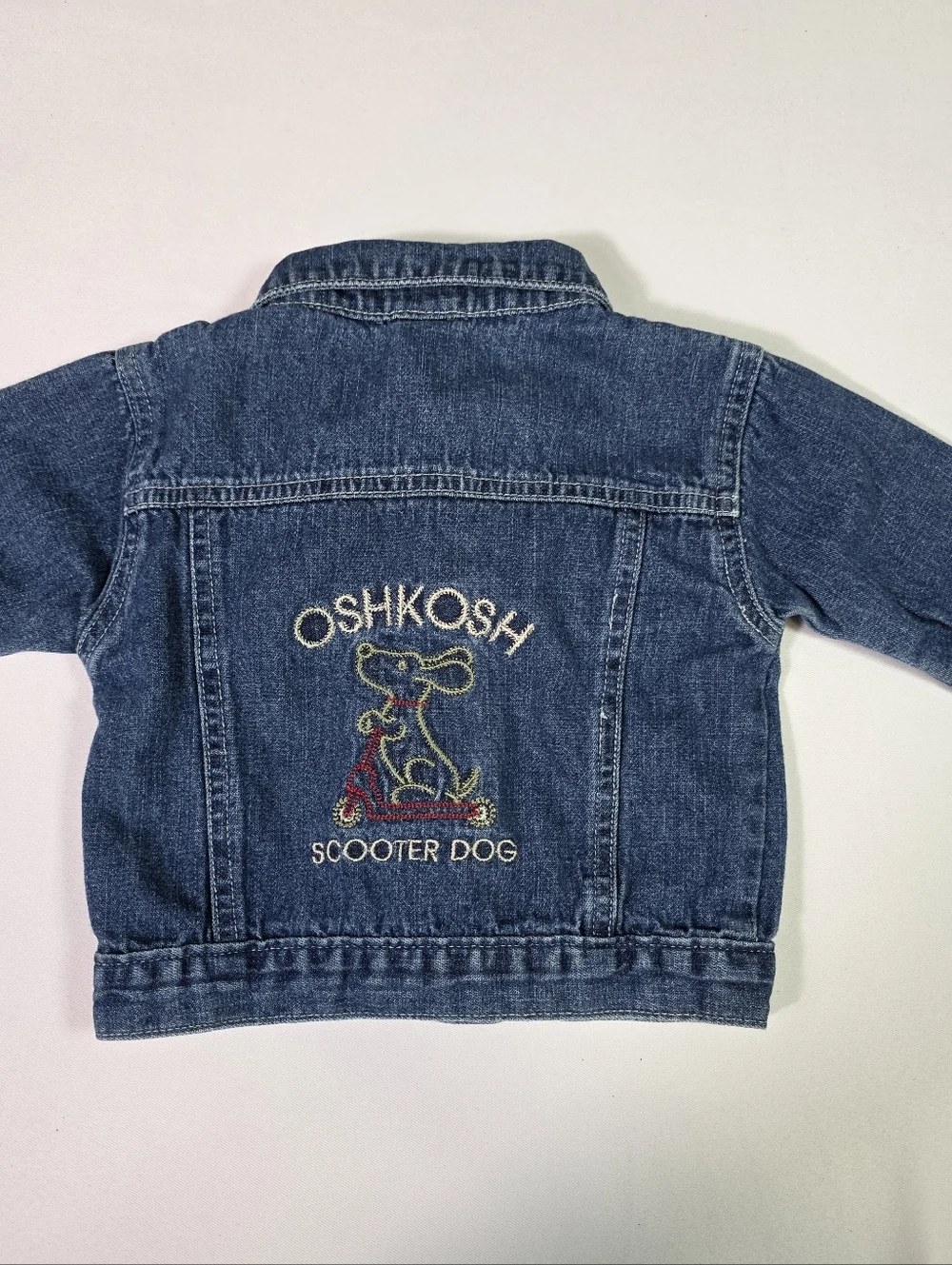 Vintage OshKosh B’gosh Baby Denim Jacket Scooter Dog 6-9M Blue USA